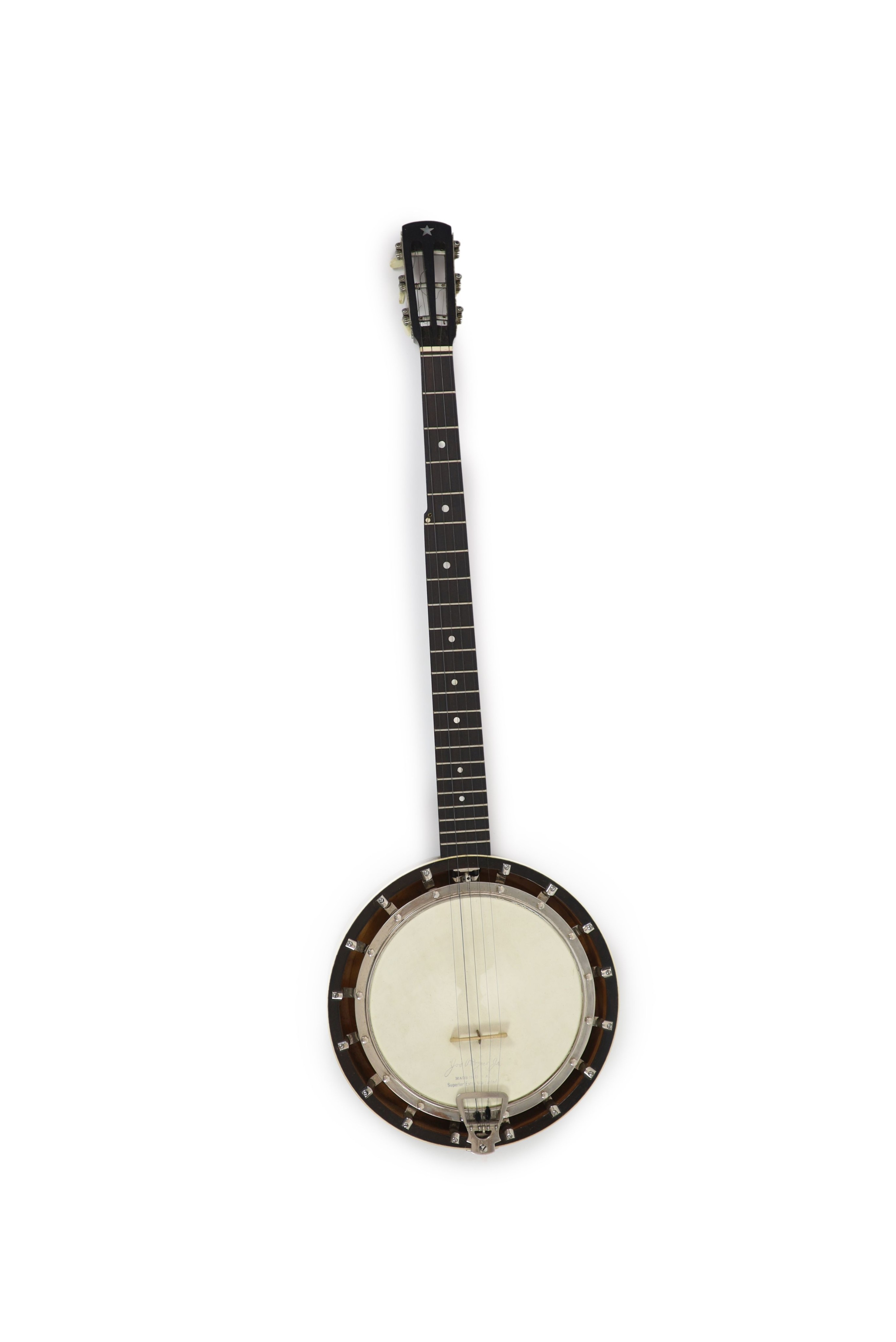 A Clifford Essex ebony mounted banjo, length 94cm, with distressed leather case